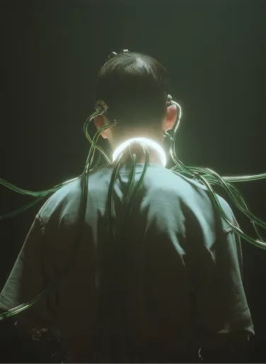 Rear view of a person connected to glowing cables attached to the back of their head and neck in a dark setting.